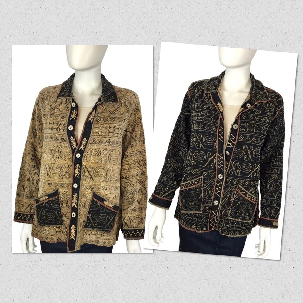 Yak Magik Reversable Jacket Embroidered Black & Gold Cotton & Chenille